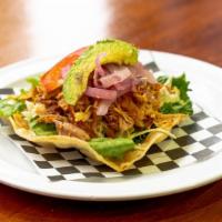 TOSTADAS  · Fried corn tortilla, refried black bean spread, topped with lettuce, cabbage, pickled red on...