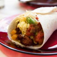 Spicy Super Chorizo Burrito · A mouthwatering spicy Super Burrito made with a Flour tortilla and filled with Smoked Pork S...