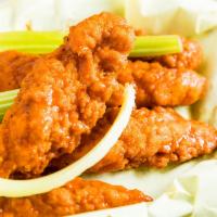 Boneless Buffalo Strips · Chicken Strips tossed in Franks Wing Sauce, Celery and your choice of Ranch, Bleu Cheese, BB...