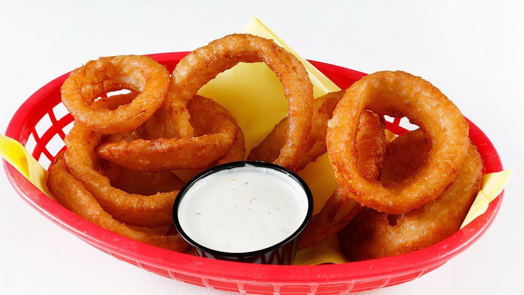 Onion Rings · Beer Battered Onion Rings with your choice of Ranch, BBQ or Honey Mustard