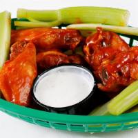 Buffalo Wings · Smothered in frank's wing sauce! With ranch, blue cheese, bbq or honey mustard