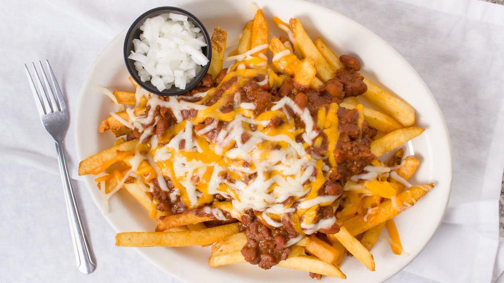 Chili Melfries · With cheddar and jack cheese and chopped onions.