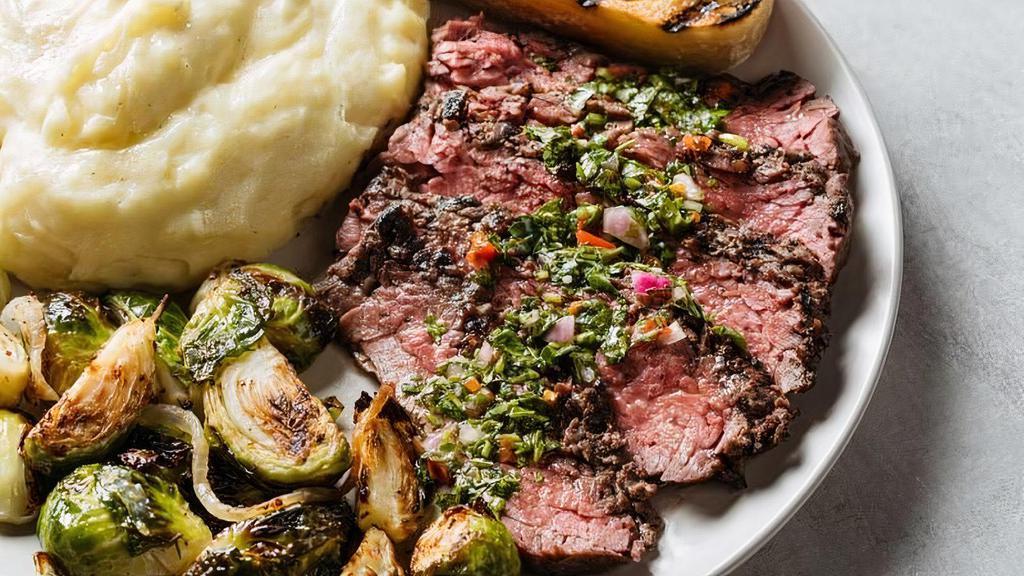 Chimichurri Grass Fed Steak Plate · our signature grass-fed and grass-finished steak grilled medium rare, drizzled with our fresh chimichurri sauce