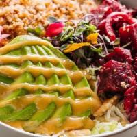 Beets + Avocado Plant Based Bowl · organic red and white quinoa, roasted beets, avocado, raw walnuts, pickled red onions, hemp ...