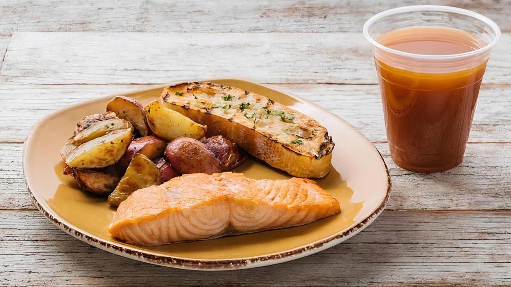 Kids Sustainable Grilled Salmon Plate · ASC certified North Atlantic salmon, any side & grilled rustic bread.