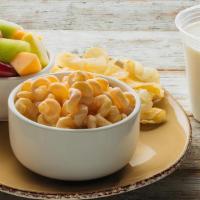 Kids Macaroni & Cheese · Creamy cheddar cheese sauce & pasta. Served with fruit salad & chips..