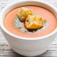 Cup - Tomato Basil Soup (Vegan) · Organic tomatoes, coconut milk, pesto, croutons (vegan -gluten free omit crouton)..