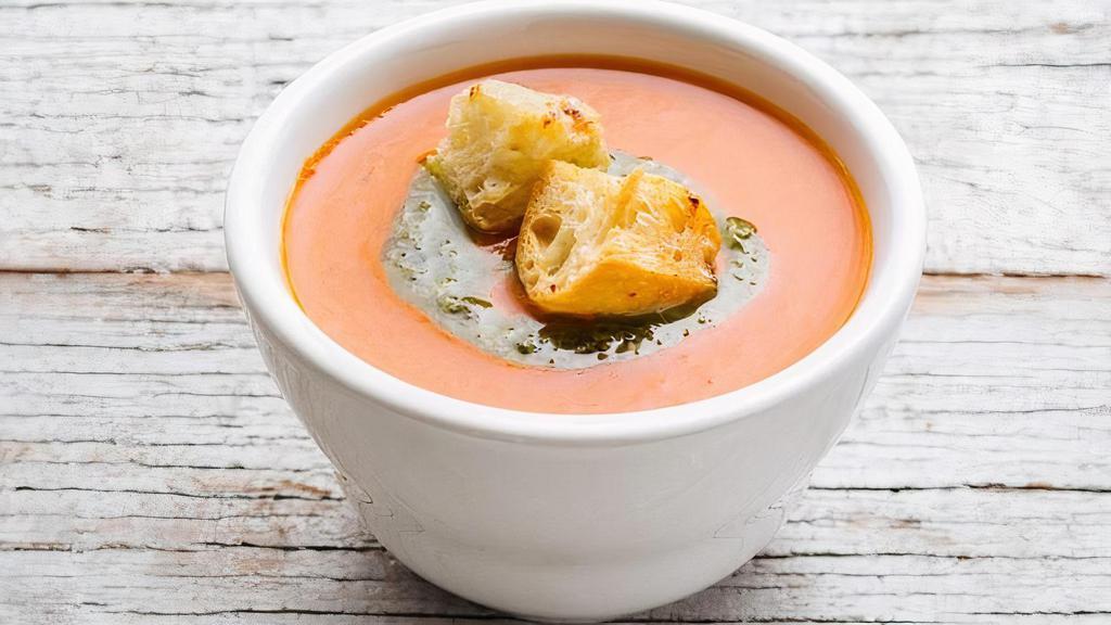 Cup - Tomato Basil Soup (Vegan) · Organic tomatoes, coconut milk, pesto, croutons (vegan -gluten free omit crouton)..