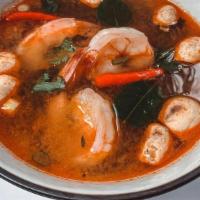Tom Yum (Small) · Hot and Sour soup with Tomato, mushroom, Kaffir lime leaves and lime juice.