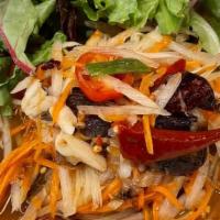 Som Tum · Papaya salad, carrot, green bean tomato, peanut mixed in sour and spicy sauce.