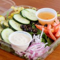 Spinach Salad · Fresh Spinach salad with Choice of Toppings and Dressing.