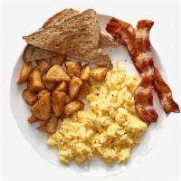 Egg & Meat Platter · Two scrambled eggs with two slices of buttered toast, home fries and your choice of meat.