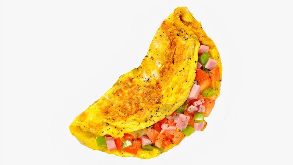 Western Omelette · Three egg omelette with cheddar cheese, ham, onion and bell peppers. Served with buttered toast and home fries.