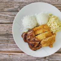 Chicken Combo · BBQ Chicken and Chicken Katsu. Served with 2 scoops of steamed rice and 1 scoop of macaroni ...