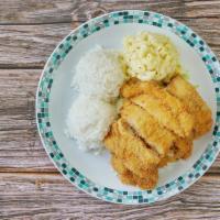 Chicken Katsu · Served with 2 scoops of steamed rice and 1 scoop of macaroni salad.