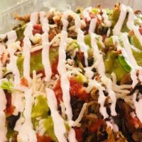 Salad Bowl · Meat, lettuce, black beans, onions, cilantro, sour cream, cheese, and salsa.