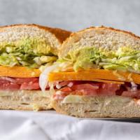 Julie's Veggie Favorite · Vegetarian. Avocado, cheese, pepperoncini, cucumbers, lettuce, tomato and onion.