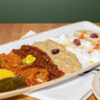 Appetizer Sampler Plate · No substitutions. Hummus, sautéed eggplant, mediterranean Salsa, Baba Ghanoush, tzatziki, do...