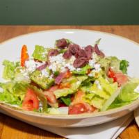 Greek Salad · Gluten free, vegetarian. Romaine lettuce, tomato, kalamata olives, cucumber, red onion, bell...