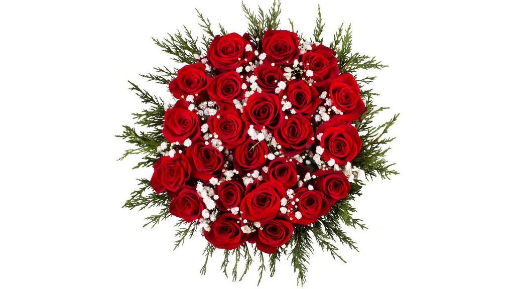 Deluxe Red Rose Bouquet (24Ct) · Picked fresh from the farm to offer your loved one a gift straight from the heart.  This stunning 24 Red Rose Bouquet is a classic romantic gesture that will have them falling head over heels in love with each exquisite bloom. Hand gathered in select floral farms and flaunting a rich red hue, this stunning flower arrangement has been picked fresh for you to help you celebrate a birthday, anniversary, or convey your message of love and sweet affection. This bouquet includes: 24 Stem Red Roses, accented with assorted greenery. Bouquets are sold as described, no customizations (Actual product might have slight difference in recipe than shown in image)