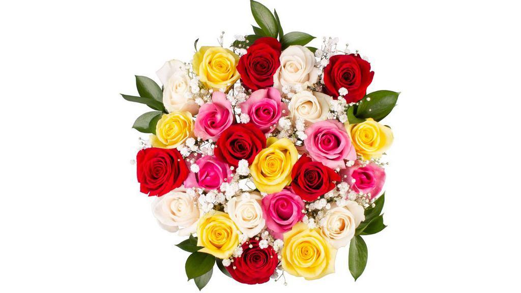 Deluxe Magical Mixed Roses Bouquet (24Ct) · These 24 colorful roses delivery elegance for any occasion! This vibrant arrangement contains a unique mix of colored roses for a definite attention-getter gift! The bouquet is hand-arranged and makes for a stunning centerpiece for any happy birthday, happy anniversary, and just because occasions!  Bouquet includes: 24 Mixed Colored Roses, accented with baby’s breath and assorted greenery. Bouquets are sold as described, no customizations (Actual product might have slight difference in recipe than shown in image)