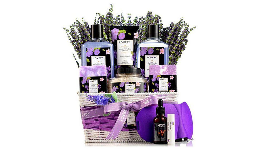 Aromatherapy Lavender & Lilac Spa Gift Set · This all-inclusive hydrating SPA SET with 11 pieces features everything to look & feel beautiful ! Set includes: 210ml Shower Gel, 210ml Bubble Bath, 100ml Body Scrub, 30ml Jajoba Oil, 100g Bath Bomb, 100g Handmade Soap, 250g Bath Salts, Lavender Potpourri Flowers, Sleeping Mask, 30ml Organic Lip Balm and a Reusable Gift Basket.
Products are formulated with natural ingredients, including Shea Butter and Vitamin E, that hydrate, nourish and moisturize skin. They are Paraben Free and Cruelty Free. 
Lavender and Lilac essential oils provide calming aromatherapy and stress relief. Complete the relaxing home spa experience with the soft cotton sleep mask.