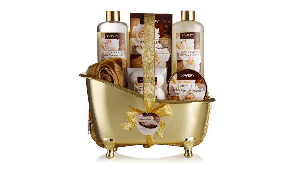 White Rose & Jasmine Set (13 Pcs) · Soothe and diffuse stress with a luxurious at-home spa treatment! Beautifully packaged in a vintage gold tub, this bath gift set makes for an extraordinary gift, and adds a lovely touch to the bathroom. The calming scent of White Rose & Jasmine will gently ease you into a state of peace and well-being. Feel your troubles fade as you soak, scrub and slather your way to silky-smooth skin. This elegant fragrance is infused with warm, floral notes and perfectly balanced, for a treat to your senses that'll last all day.
