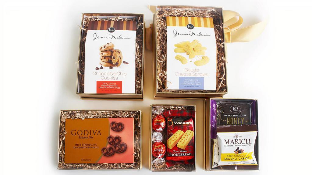 Glorious Gourmet Gift Tower · FIVE shimmering boxes come overflowing with gourmet sweets and savories! Each box is filled with delicious Chocolate-covered Cherries (0.5 oz each, 2 count); Chocolate Chip Cookies (2 oz each, 1 count); Shortbread Fingers (1 oz each, 1 count); Cheese Straws (2 oz each, 1 count); Chocolate-covered Grahams (1 oz each, 2 count); Chocolate-covered Pretzels (2.5 oz each, 1 count); Lindt Chocolate Truffles (2 count).