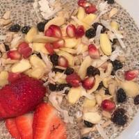 Chia Seed Pudding · Chia seeds, oat milk, honey, lemon zest topped with seasonal fruit and nuts