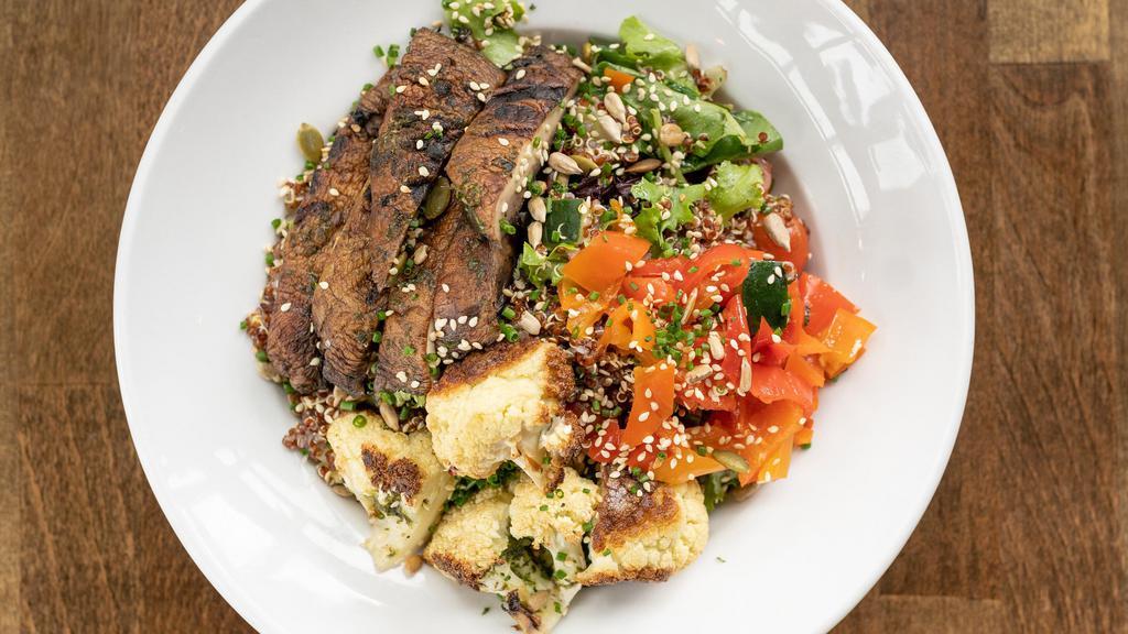 Power Bowl · Quinoa, Spring mix, tomatoes and cucumbers tossed in lemon juice and zest with roasted cauliflower, grilled mushrooms, pickled peppers, hop aioli and toasted seeds,