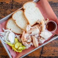 Pulled Smoked Chicken · Comes with pickles, sliced sweet Vidalia onion, and white bread.