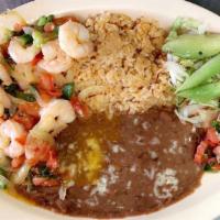 Camarones Rancheros · Shrimp sautéed with peppers and onions served with rice and beans