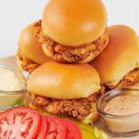 Southern Fried Chicken Sliders · Crispy Fried Chicken Breast on Mini-Buns Served with Lettuce, Tomato and Pickles