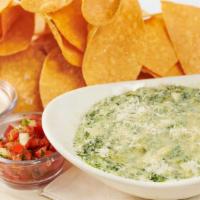 Hot Spinach And Cheese Dip · Spinach, Artichoke Hearts, Shallots, Garlic and a Mixture of Cheeses Served Bubbly Hot with ...