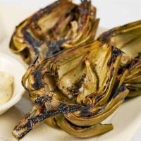 Fire-Roasted Fresh Artichoke · Fresh Artichoke Fire-Roasted and Served with Garlic Dip (Seasonal)