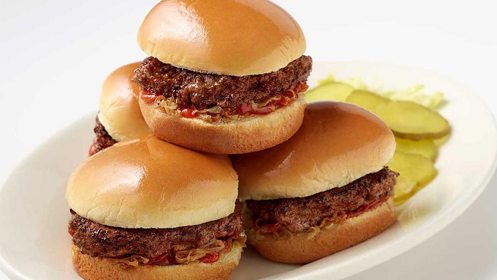 Roadside Sliders* · Bite-Sized Burgers on Mini-Buns Served with Grilled Onions, Pickles and Ketchup