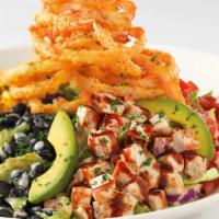 Barbeque Ranch Chicken Salad · Avocado, Tomato, Grilled Corn, Black Beans, Cucumber and Romaine All Tossed with Our Barbequ...