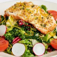 Almond-Crusted Salmon Salad* · Pan Seared and Served Over Mixed Greens, Kale, Shaved Brussels Sprouts, Avocado, Tomato, Qui...