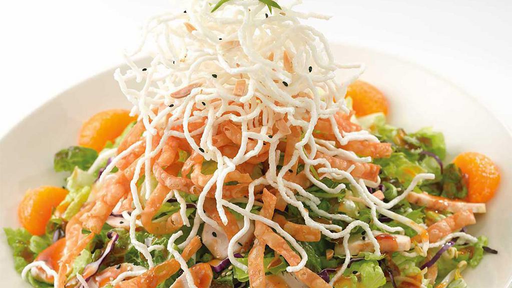 Chinese Chicken Salad · Chicken Breast, Rice Noodles, Lettuce, Green Onions, Almonds, Crisp Wontons, Bean Sprouts, Orange and Sesame Seeds. Tossed in Our Special Chinese Plum Dressing