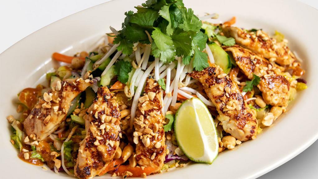 Thai Chicken Salad · Satay Chicken Strips, Lettuce, Carrots, Rice Noodles, Cucumbers, Bean Sprouts, Cilantro, Peanuts and Sesame Seeds Tossed with Thai Vinaigrette