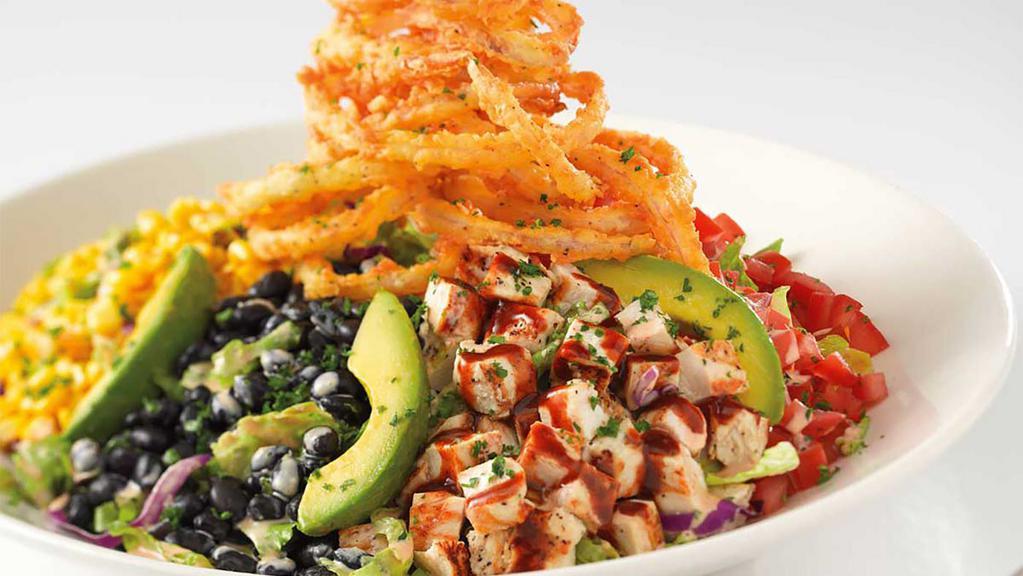 Lunch Barbeque Ranch Chicken Salad · Avocado, Tomato, Grilled Corn, Black Beans, Cucumber and Romaine All Tossed with Our Barbeque Ranch Dressing. Topped with Lots of Crispy Fried Onion Strings for Crunch