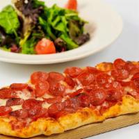 Lunch Pepperoni Flatbread Pizza · Fresh Mozzarella, Basil and Tomato Sauce