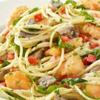 Lunch Bistro Shrimp Pasta · Crispy Battered Shrimp, Fresh Mushrooms, Tomato and Arugula Tossed with Spaghetti and a Basi...