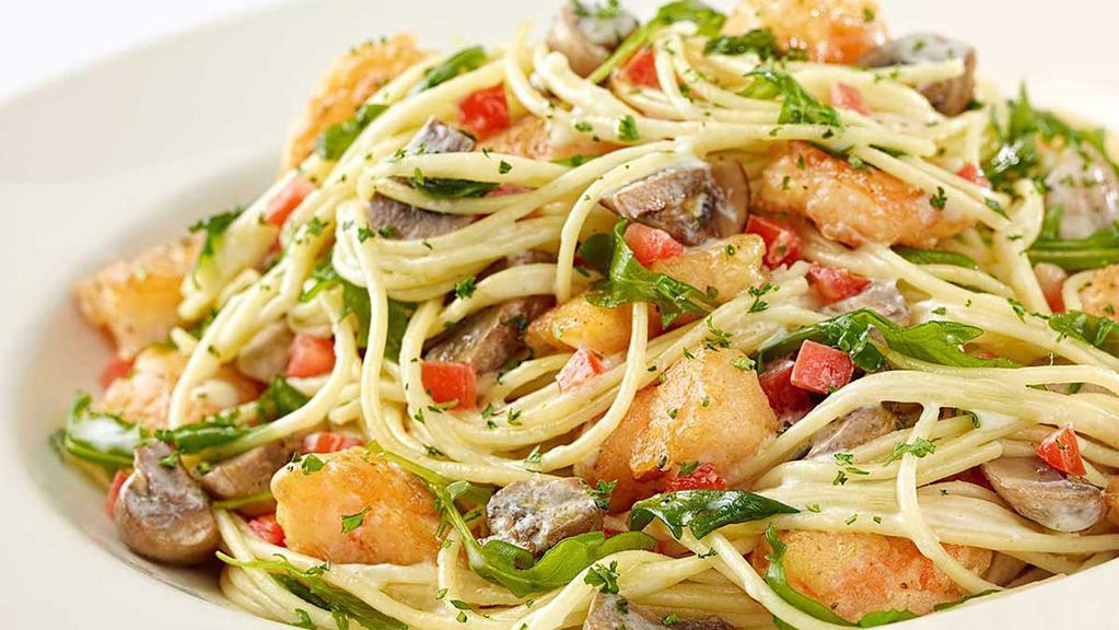 Lunch Bistro Shrimp Pasta · Crispy Battered Shrimp, Fresh Mushrooms, Tomato and Arugula Tossed with Spaghetti and a Basil-Garlic-Lemon Cream Sauce
