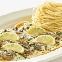 Lunch Chicken Piccata · Sauteed Chicken Breast with Lemon Sauce, Mushrooms and Capers. Served with Angel Hair Pasta