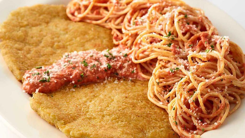 Lunch Crusted Chicken Romano · Breast of Chicken Coated with a Romano-Parmesan Cheese Crust. Served with Pasta in a Light Tomato Sauce
