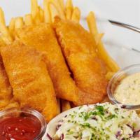 Lunch Fish & Chips · Hand Battered and Fried Crisp. Served with Cole Slaw, French Fries and Tartar Sauce