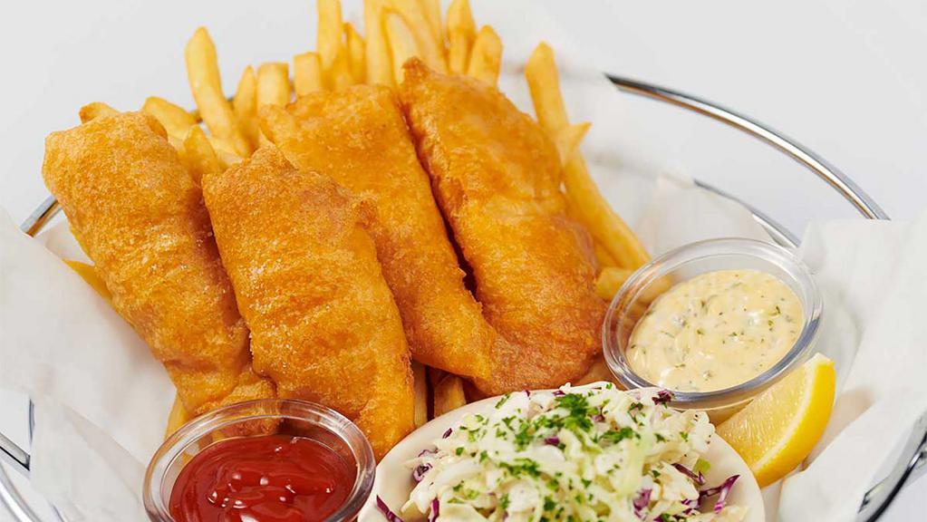 Lunch Fish & Chips · Hand Battered and Fried Crisp. Served with Cole Slaw, French Fries and Tartar Sauce