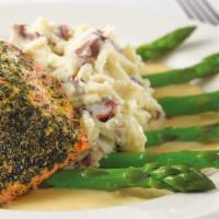 Lunch Herb Crusted Filet Of Salmon · Fresh Salmon with a Delicious Lemon Sauce, Asparagus and Mashed Potatoes
