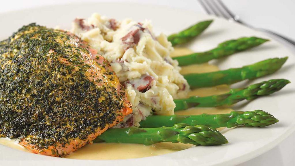 Lunch Herb Crusted Filet Of Salmon · Fresh Salmon with a Delicious Lemon Sauce, Asparagus and Mashed Potatoes